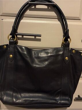 Frye Black Leather Double-Handle Tote with Brass Hardware